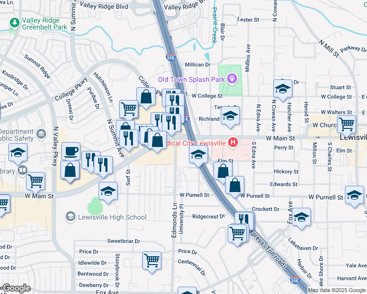 map of restaurants, bars, coffee shops, grocery stores, and more near 211 South Stemmons Freeway in Lewisville