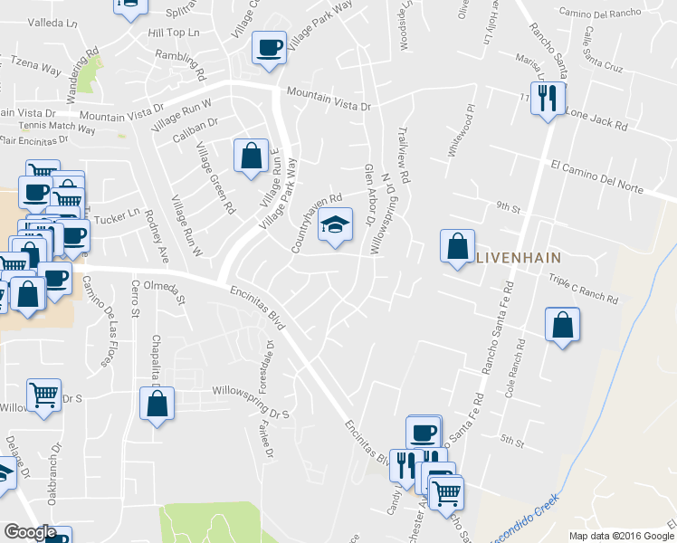 map of restaurants, bars, coffee shops, grocery stores, and more near 2520 Shadow Grove Way in Encinitas