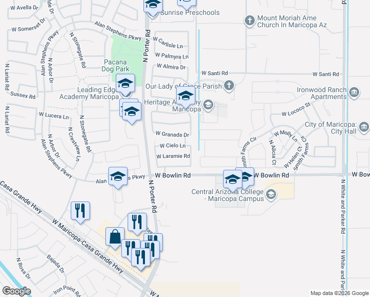 map of restaurants, bars, coffee shops, grocery stores, and more near 18175 North Cook Drive in Maricopa