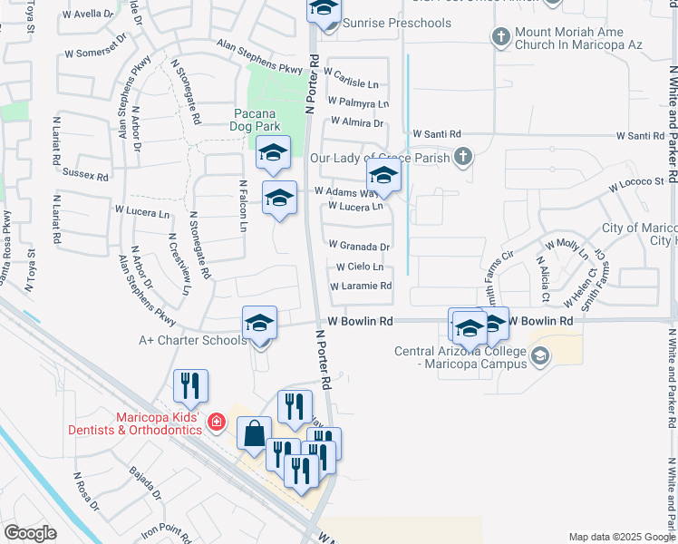 map of restaurants, bars, coffee shops, grocery stores, and more near 41389 West Cielo Lane in Maricopa