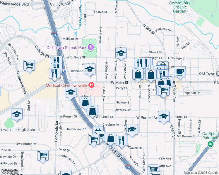 map of restaurants, bars, coffee shops, grocery stores, and more near 400 West Main Street in Lewisville