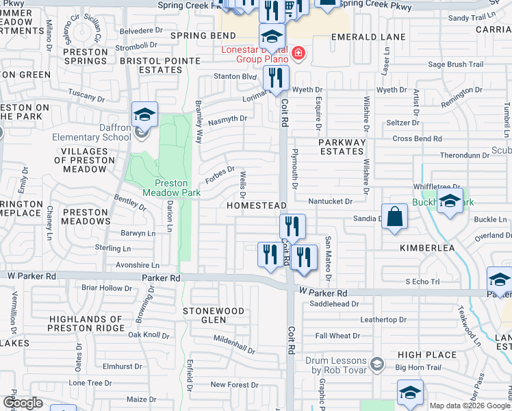 map of restaurants, bars, coffee shops, grocery stores, and more near 4100 Mcclary Drive in Plano