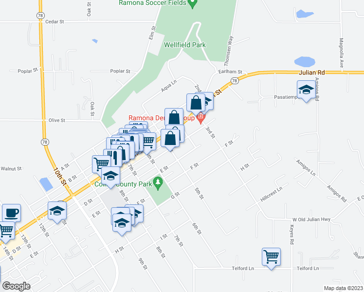 map of restaurants, bars, coffee shops, grocery stores, and more near 426 D Street in Ramona