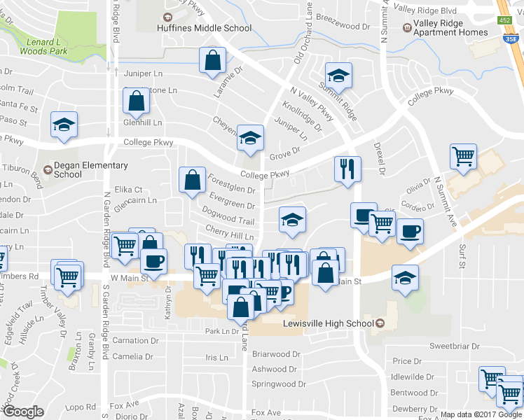 map of restaurants, bars, coffee shops, grocery stores, and more near 402 North Old Orchard Lane in Lewisville