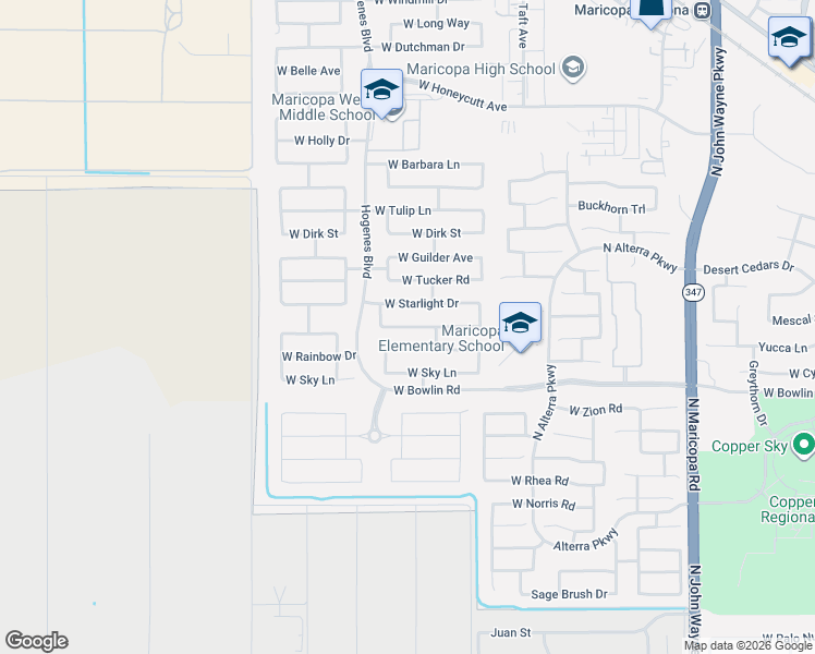map of restaurants, bars, coffee shops, grocery stores, and more near 45722 Rainbow Drive in Maricopa