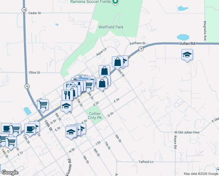 map of restaurants, bars, coffee shops, grocery stores, and more near 426 D Street in Ramona