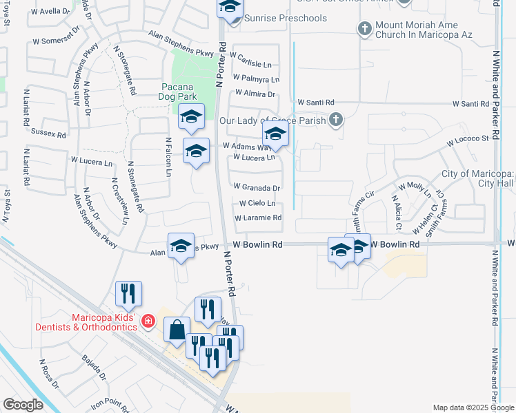 map of restaurants, bars, coffee shops, grocery stores, and more near 41293 West Cielo Lane in Maricopa