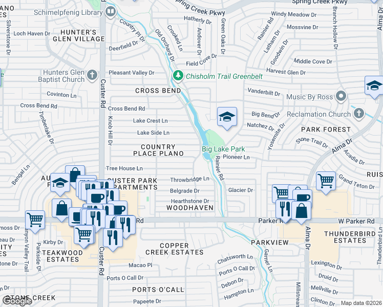 map of restaurants, bars, coffee shops, grocery stores, and more near 1605 Tree House Lane in Plano