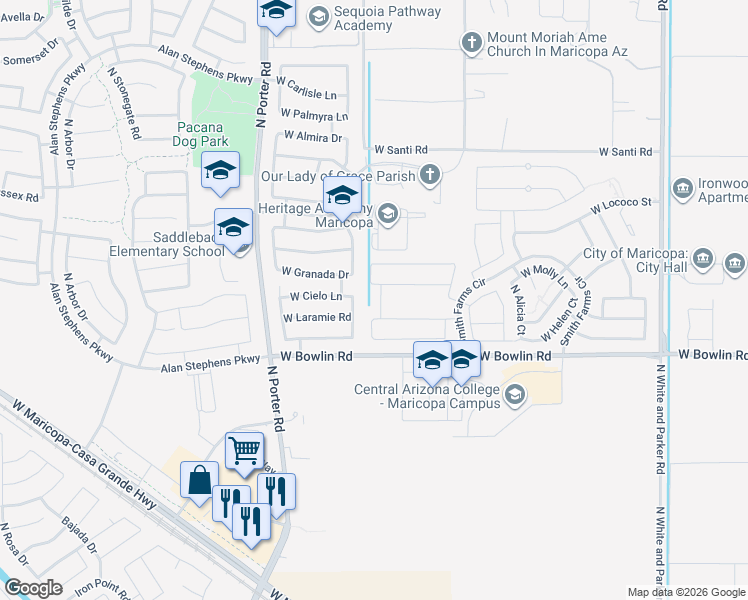 map of restaurants, bars, coffee shops, grocery stores, and more near 18175 North Cook Drive in Maricopa