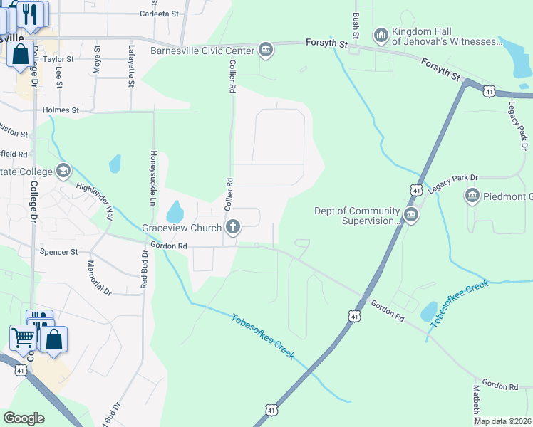 map of restaurants, bars, coffee shops, grocery stores, and more near 132 Edgewood Circle in Barnesville