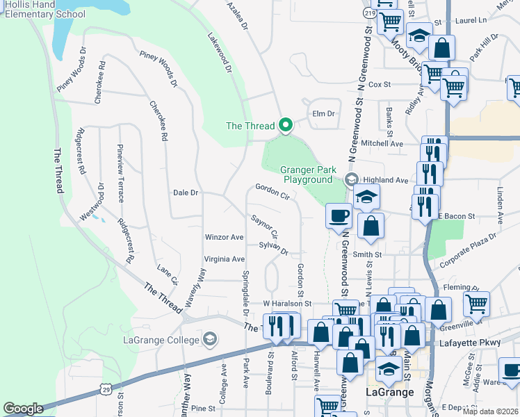 map of restaurants, bars, coffee shops, grocery stores, and more near 510 Springdale Drive in LaGrange