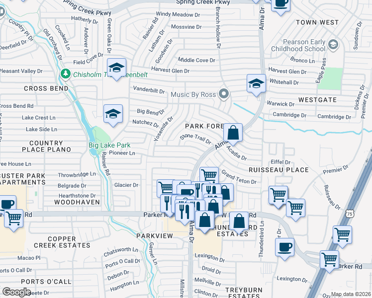 map of restaurants, bars, coffee shops, grocery stores, and more near 1112 Pioneer Lane in Plano
