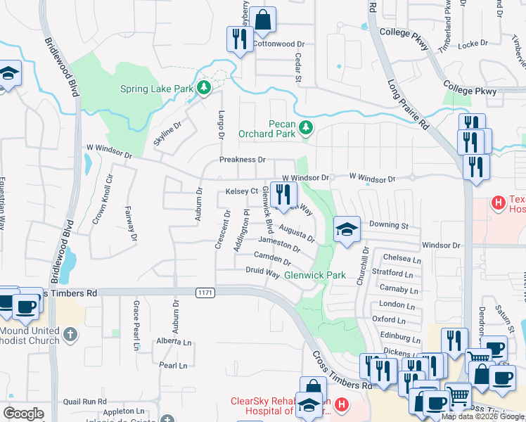 map of restaurants, bars, coffee shops, grocery stores, and more near 3401 Augusta Drive in Flower Mound
