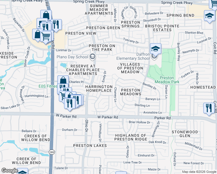 map of restaurants, bars, coffee shops, grocery stores, and more near 4605 Saxon Drive in Plano