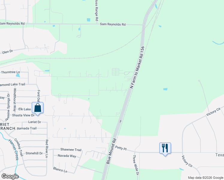 map of restaurants, bars, coffee shops, grocery stores, and more near 17017 Cardinas Road in Justin