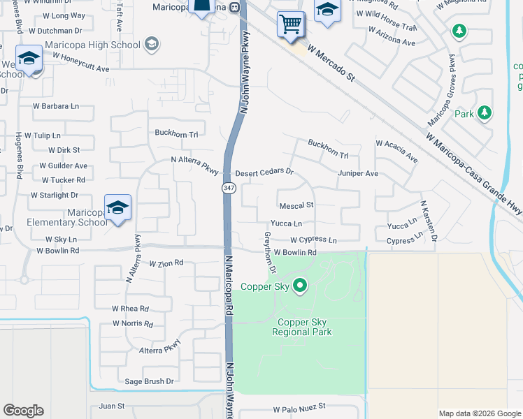 map of restaurants, bars, coffee shops, grocery stores, and more near 44479 Yucca Lane in Maricopa