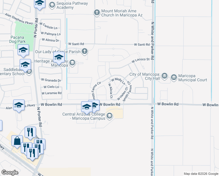 map of restaurants, bars, coffee shops, grocery stores, and more near 18268 North Alicia Court in Maricopa