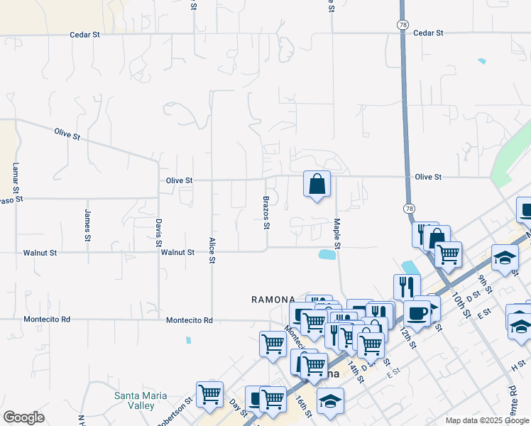 map of restaurants, bars, coffee shops, grocery stores, and more near 607 Brazos Street in Ramona