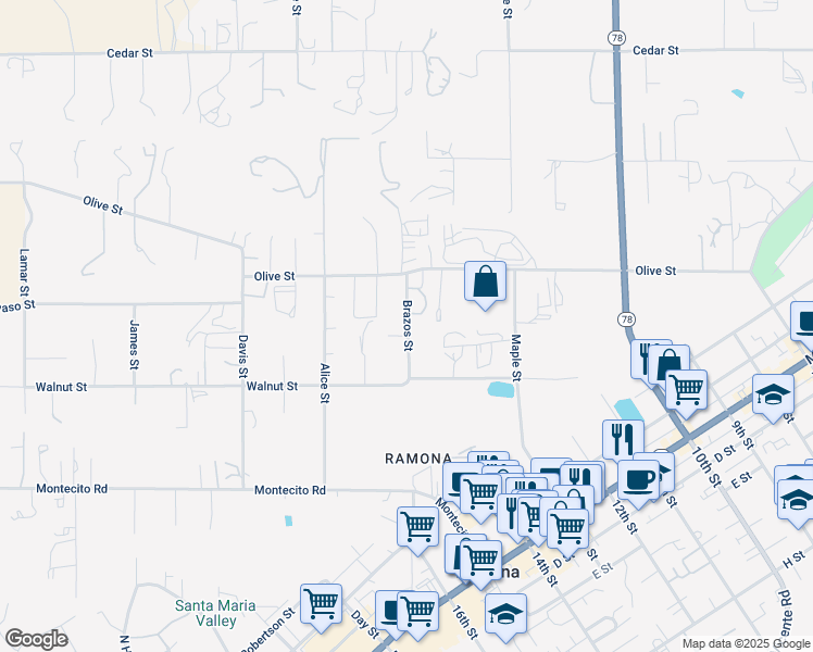 map of restaurants, bars, coffee shops, grocery stores, and more near Brazos Street in Ramona