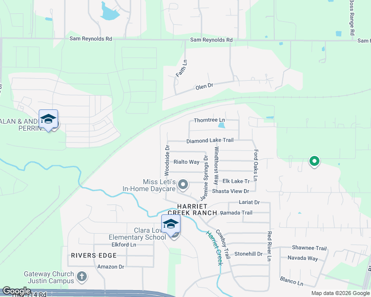 map of restaurants, bars, coffee shops, grocery stores, and more near 1637 Baxter Springs Drive in Justin