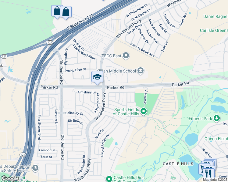 map of restaurants, bars, coffee shops, grocery stores, and more near 2417 Windsor Castle Way in Lewisville