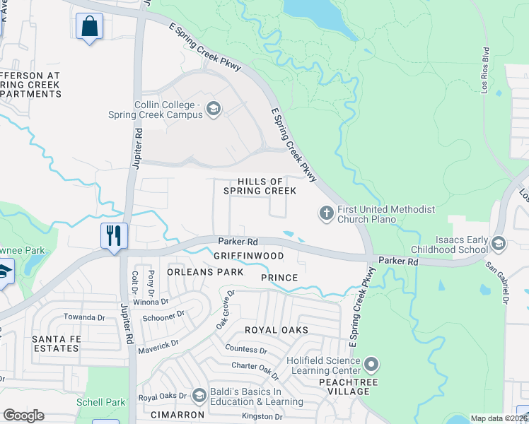 map of restaurants, bars, coffee shops, grocery stores, and more near 3512 Calaveras Way in Plano