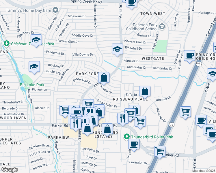 map of restaurants, bars, coffee shops, grocery stores, and more near 846 Shenandoah Drive in Plano