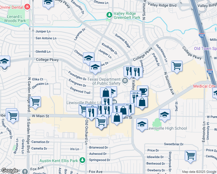 map of restaurants, bars, coffee shops, grocery stores, and more near 401 North Old Orchard Lane in Lewisville