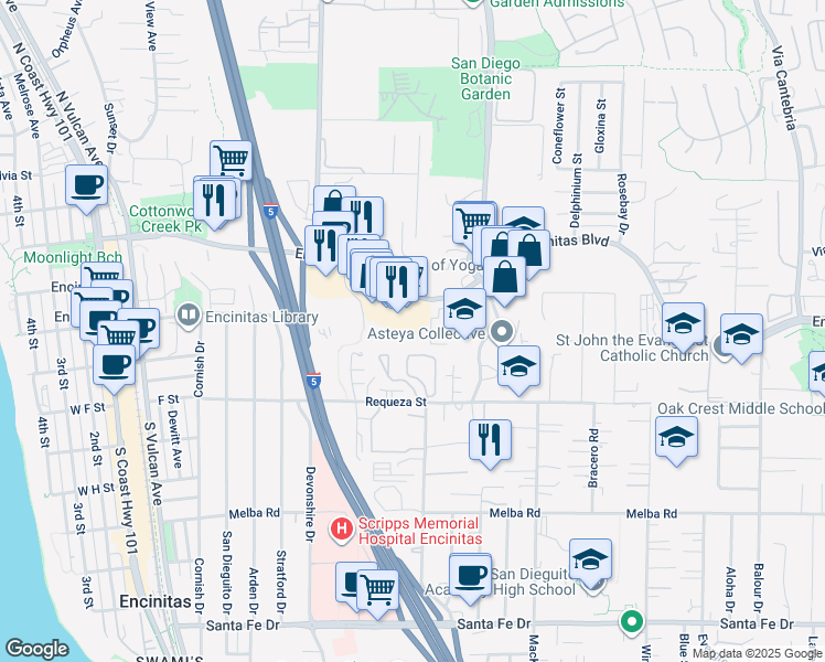 map of restaurants, bars, coffee shops, grocery stores, and more near 479 Encinitas Blvd in Encinitas
