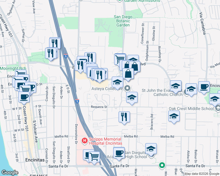 map of restaurants, bars, coffee shops, grocery stores, and more near 519 Encinitas Boulevard in Encinitas
