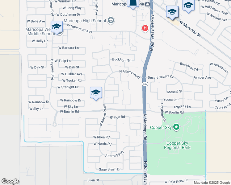 map of restaurants, bars, coffee shops, grocery stores, and more near 45071 West Mescal Street in Maricopa