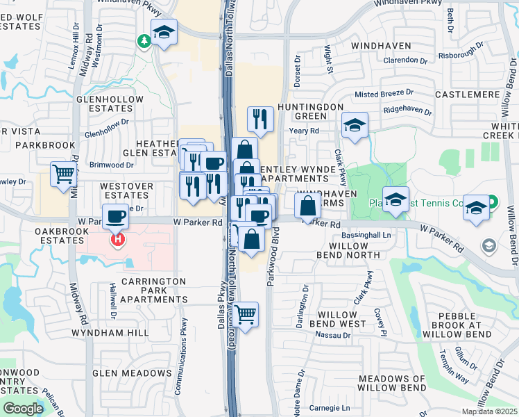 map of restaurants, bars, coffee shops, grocery stores, and more near 5967 West Parker Road in Plano