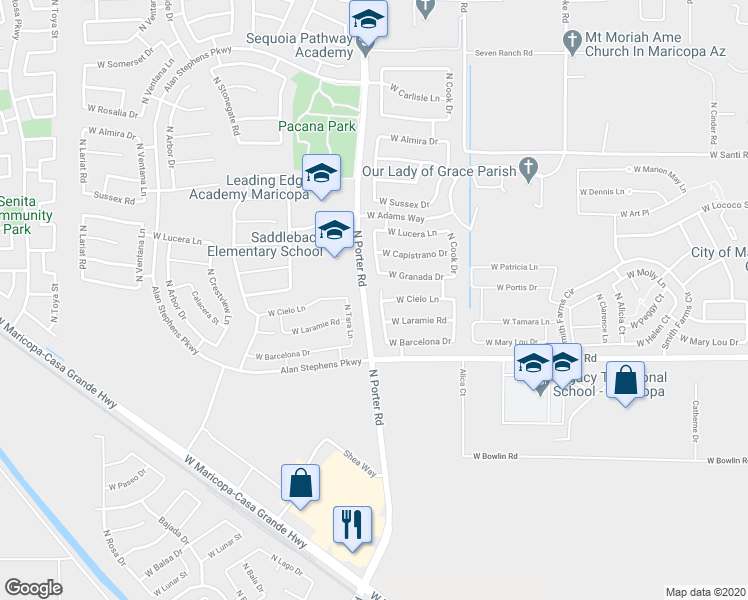map of restaurants, bars, coffee shops, grocery stores, and more near 18270 North Jameson Drive in Maricopa