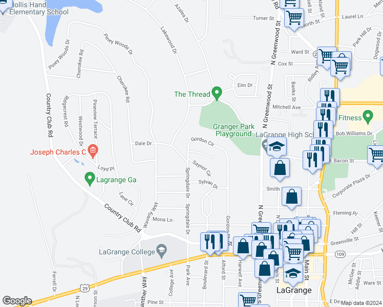 map of restaurants, bars, coffee shops, grocery stores, and more near 124 Dilly Hill Street in LaGrange