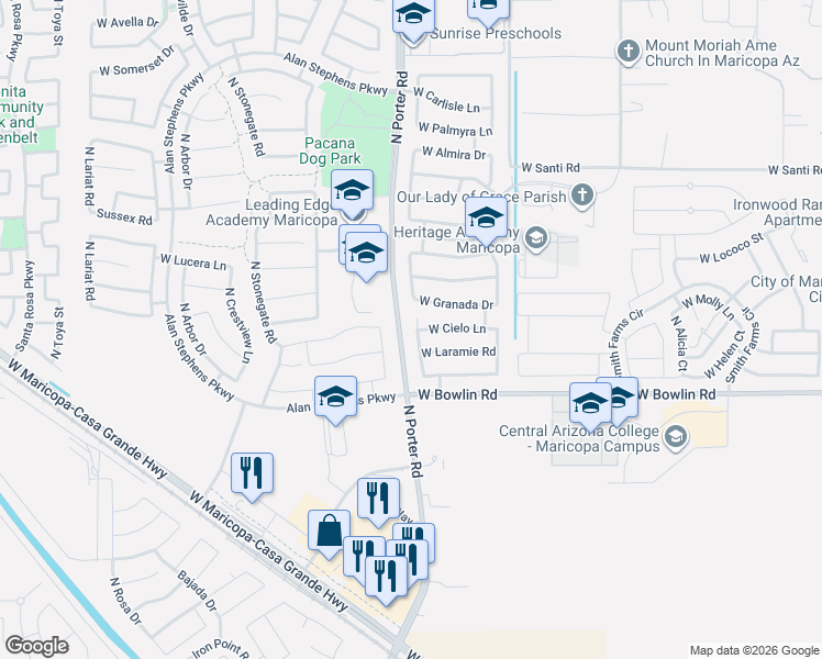 map of restaurants, bars, coffee shops, grocery stores, and more near 18270 North Jameson Drive in Maricopa