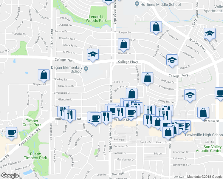 map of restaurants, bars, coffee shops, grocery stores, and more near 431 North Garden Ridge Boulevard in Lewisville