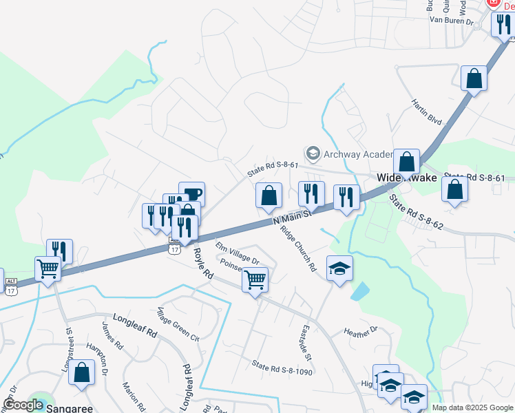 map of restaurants, bars, coffee shops, grocery stores, and more near 2500 Gault Way in Summerville