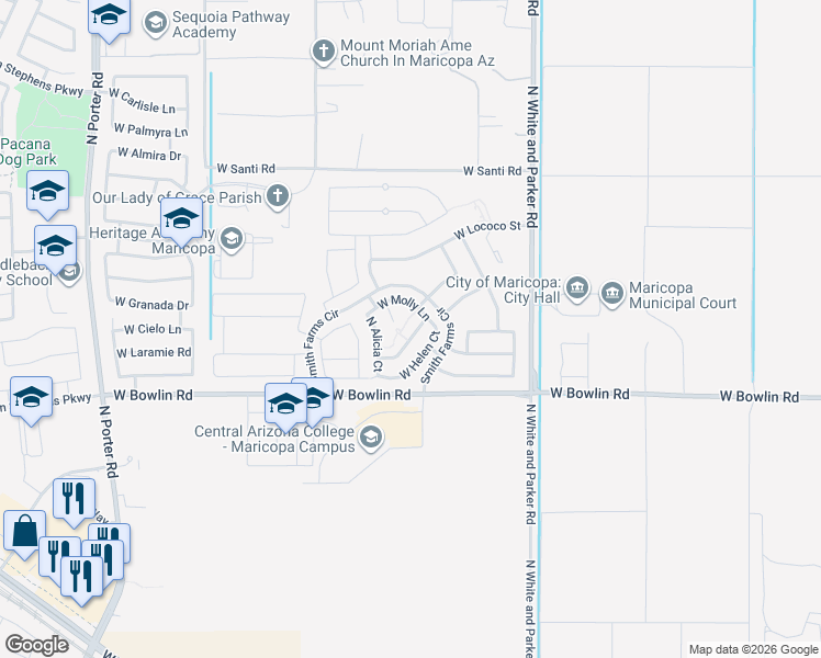 map of restaurants, bars, coffee shops, grocery stores, and more near 40326 West Peggy Court in Maricopa