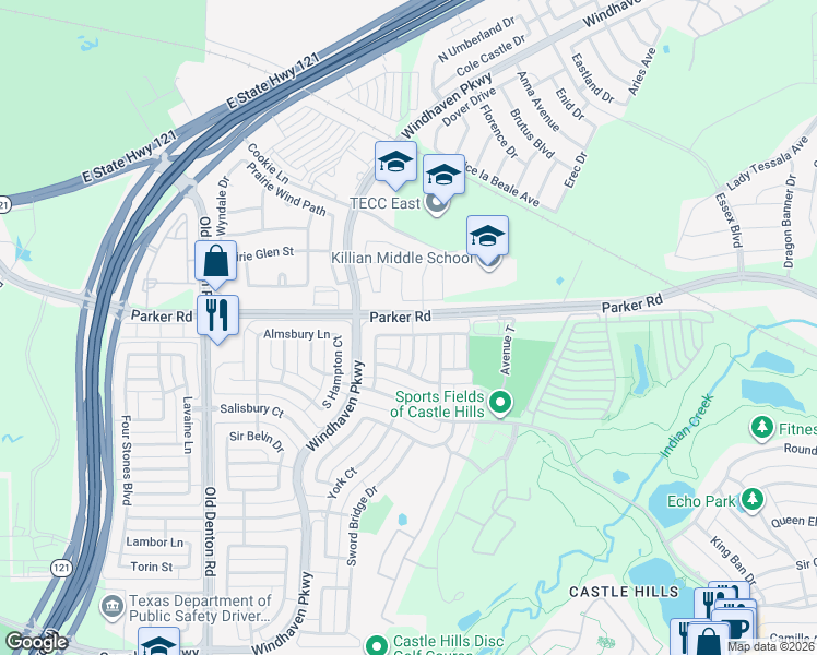 map of restaurants, bars, coffee shops, grocery stores, and more near 2429 Windsor Castle Way in Lewisville