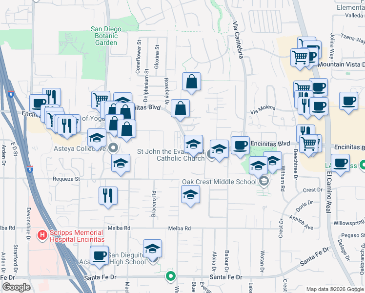map of restaurants, bars, coffee shops, grocery stores, and more near 935 Encinitas Boulevard in Encinitas