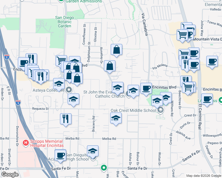 map of restaurants, bars, coffee shops, grocery stores, and more near 911 Encinitas Boulevard in Encinitas