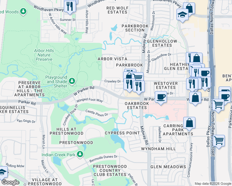 map of restaurants, bars, coffee shops, grocery stores, and more near 6513 Hillswick Drive in Plano