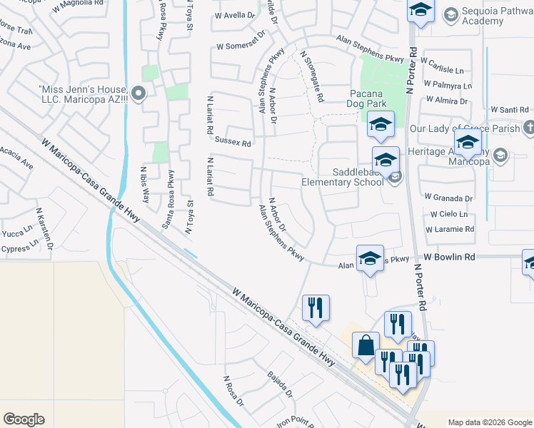 map of restaurants, bars, coffee shops, grocery stores, and more near 42222 West Capistrano Drive in Maricopa