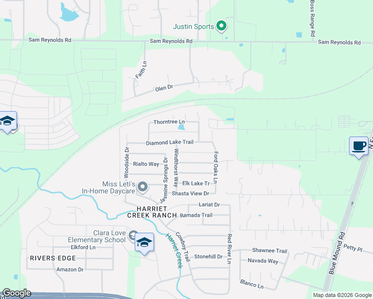 map of restaurants, bars, coffee shops, grocery stores, and more near 1805 Diamond Lake Trail in Justin