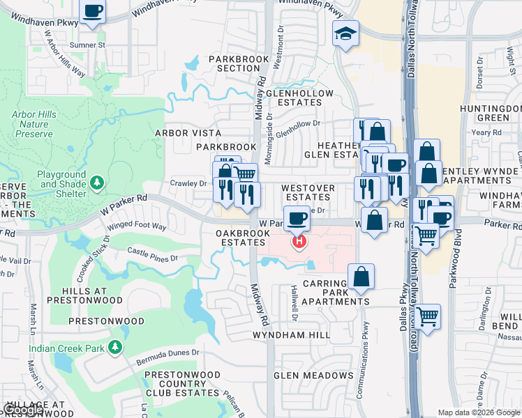 map of restaurants, bars, coffee shops, grocery stores, and more near 3400 Westway Court in Plano
