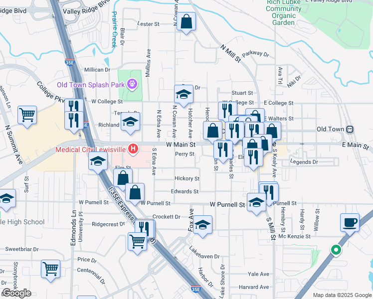 map of restaurants, bars, coffee shops, grocery stores, and more near 367 West Main Street in Lewisville