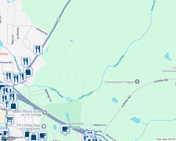 map of restaurants, bars, coffee shops, grocery stores, and more near 5311 Felles Way in Forsyth