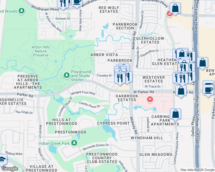map of restaurants, bars, coffee shops, grocery stores, and more near 6513 Hillswick Drive in Plano