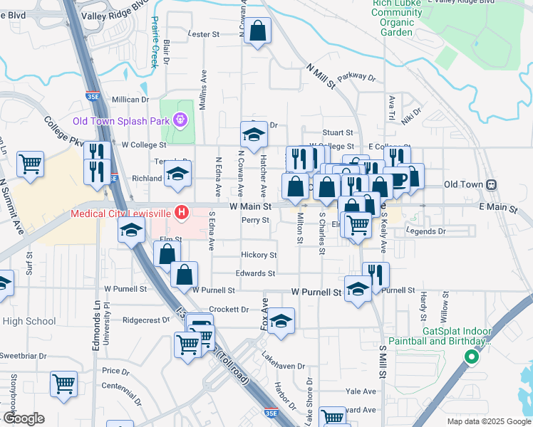 map of restaurants, bars, coffee shops, grocery stores, and more near 367 West Main Street in Lewisville