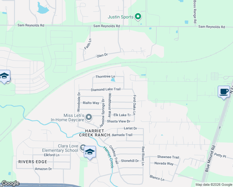 map of restaurants, bars, coffee shops, grocery stores, and more near 1805 Diamond Lake Trail in Justin